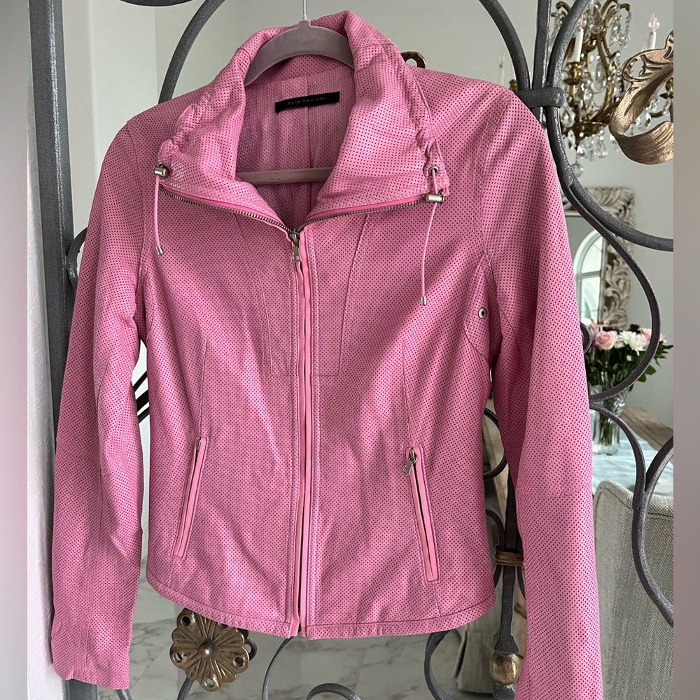 Elie Tahari Barbie Pink Perforated Leather Jacket size Small